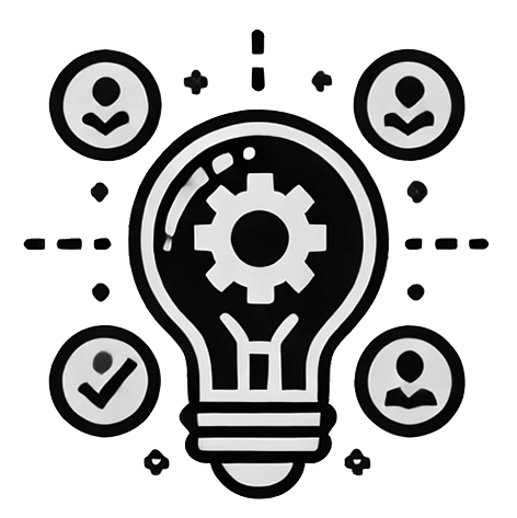 Ikona pokazująca żarówkę z zębatką oraz ikonki przedstawiające ludzi - oznacza pomysły i dzielenie się wiedzą