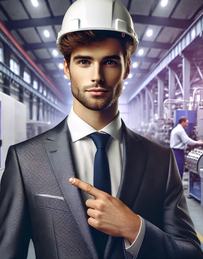 Obraz mężczyzny na tle fabryki, wskazujący na tekst po lewej.