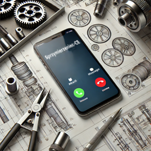 Obraz telefonu leżącego na planach maszyny, w około narzędzia i elementy maszyn. Na telefonie widoczne połączenie telefoniczne od Sprzymierzeniec-CE.