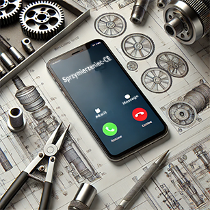 Obraz telefonu leżącego na planach maszyny, w około narzędzia i elementy maszyn. Na telefonie widoczne połączenie telefoniczne od Sprzymierzeniec-CE.